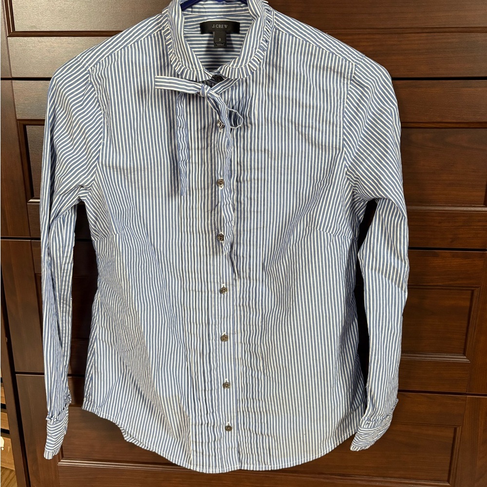 J. Crew Women's Blue and White Striped Button Down Shirt